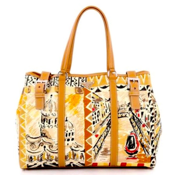 RARE auth Prada Venice Belted Tote Print Canvas leather trim, handles and straps - Picture 3 of 10